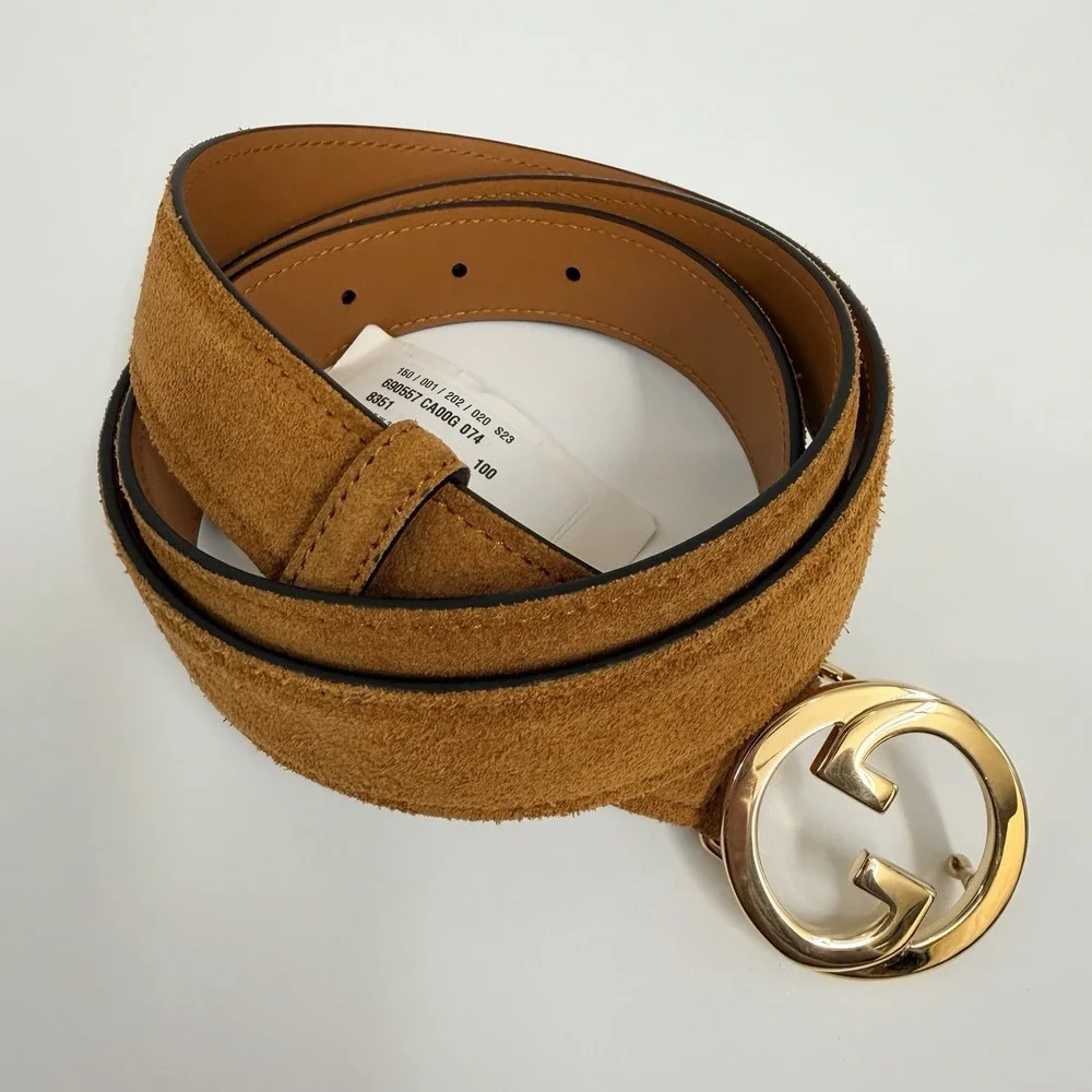 Gucci Suede Blondie Belt Cognac NWT GG Gold Interlocking Buckle Size 100